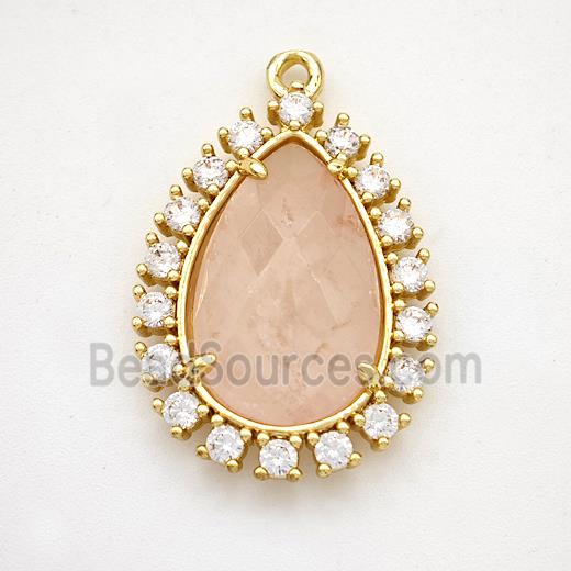 Pink Rose Quartz Teardrop Pendant Copper Pave Zirconia Gold Plated