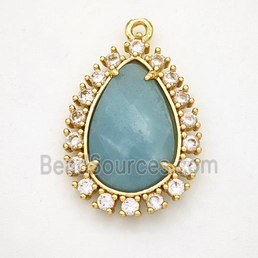 Blue Amazonite Teardrop Pendant Copper Pave Zirconia Gold Plated