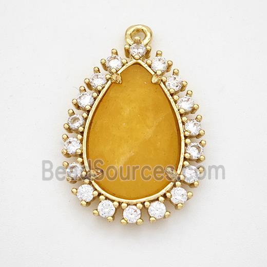 Golden Dye Jade Teardrop Pendant Copper Pave Zirconia Gold Plated