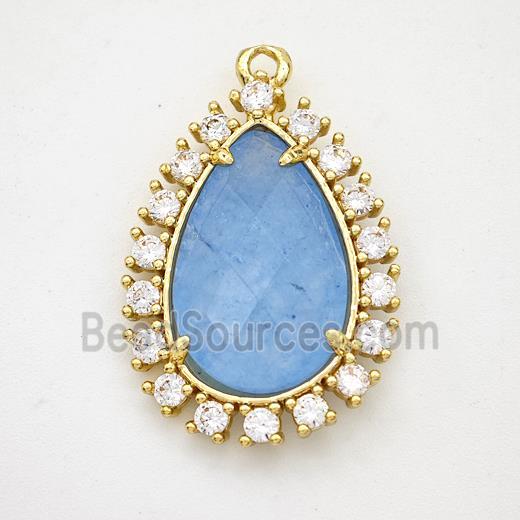 Blue Dye Jade Teardrop Pendant Copper Pave Zirconia Gold Plated