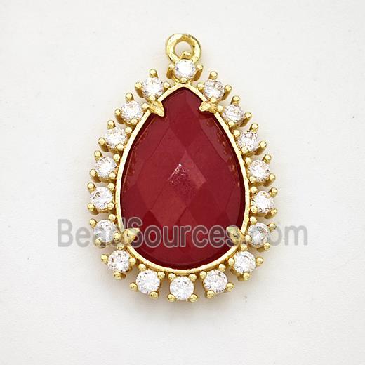 Red Dye Jade Teardrop Pendant Copper Pave Zirconia Gold Plated