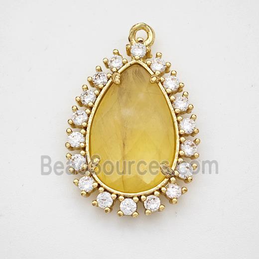 Yellow Dye Jade Teardrop Pendant Copper Pave Zirconia Gold Plated