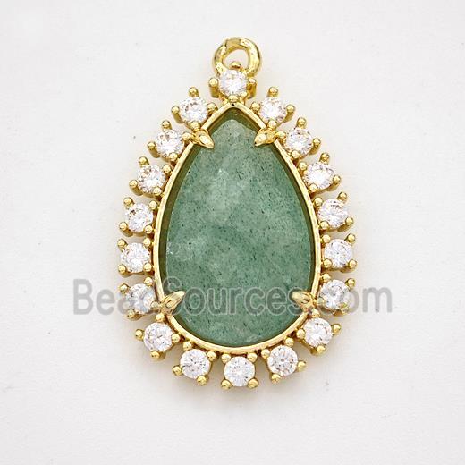 Green Strawberry Quartz Teardrop Pendant Copper Pave Zirconia Gold Plated