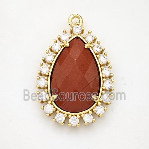 Red Jasper Teardrop Pendant Copper Pave Zirconia Gold Plated