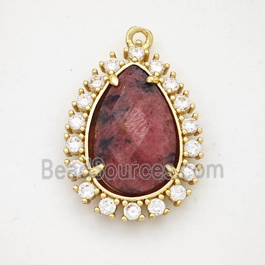 Red Rhodonite Teardrop Pendant Copper Pave Zirconia Gold Plated