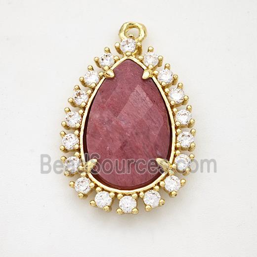 Pink Wood Lace Jasper Teardrop Pendant Copper Pave Zirconia Gold Plated