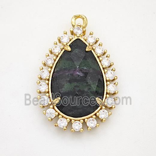 Green Zoisite Teardrop Pendant Copper Pave Zirconia Gold Plated