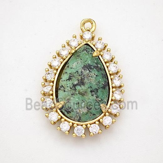 Green African Turquoise Teardrop Pendant Copper Pave Zirconia Gold Plated