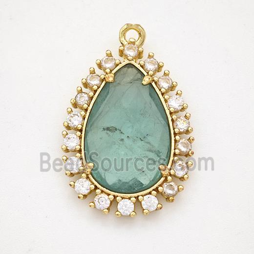 Green Fluorite Teardrop Pendant Copper Pave Zirconia Gold Plated