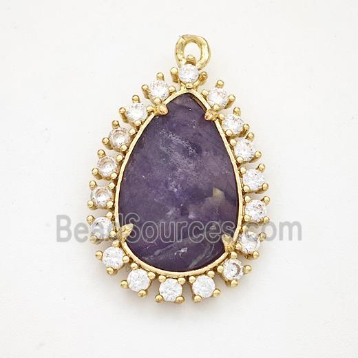 Purple Fluorite Teardrop Pendant Copper Pave Zirconia Gold Plated