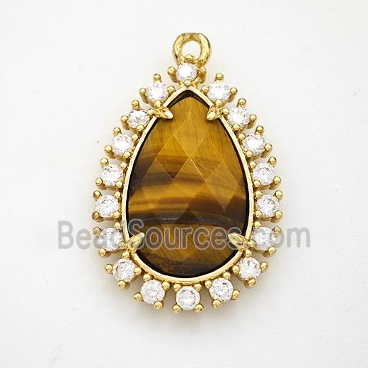 Tiger Eye Stone Teardrop Pendant Copper Pave Zirconia Gold Plated