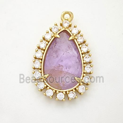 Lt.purple Amethyst Teardrop Pendant Copper Pave Zirconia Gold Plated