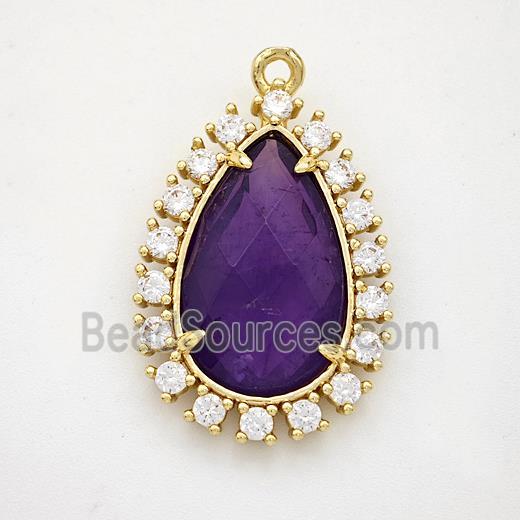 Purple Amethyst Teardrop Pendant Copper Pave Zirconia Gold Plated