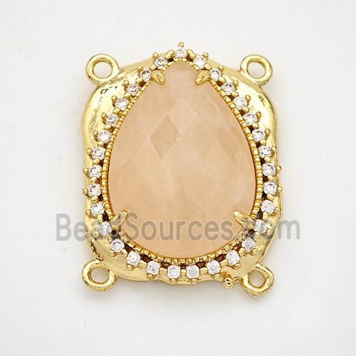 Pink Rose Quartz Teardrop Connector Copper Pave Zirconia Gold Plated