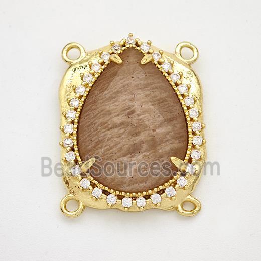 Peach Sunstone Teardrop Connector Copper Pave Zirconia Gold Plated