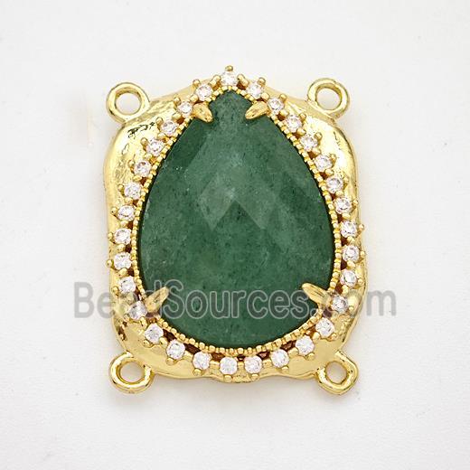 Green Strawberry Quartz Teardrop Connector Copper Pave Zirconia Gold Plated