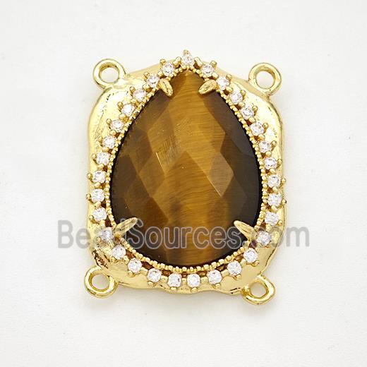 Tiger Eye Stone Teardrop Connector Copper Pave Zirconia Gold Plated