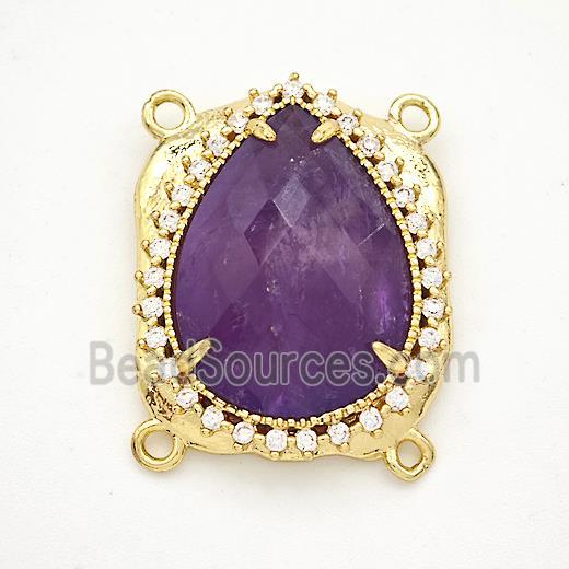 Purple Amethyst Teardrop Connector Copper Pave Zirconia Gold Plated