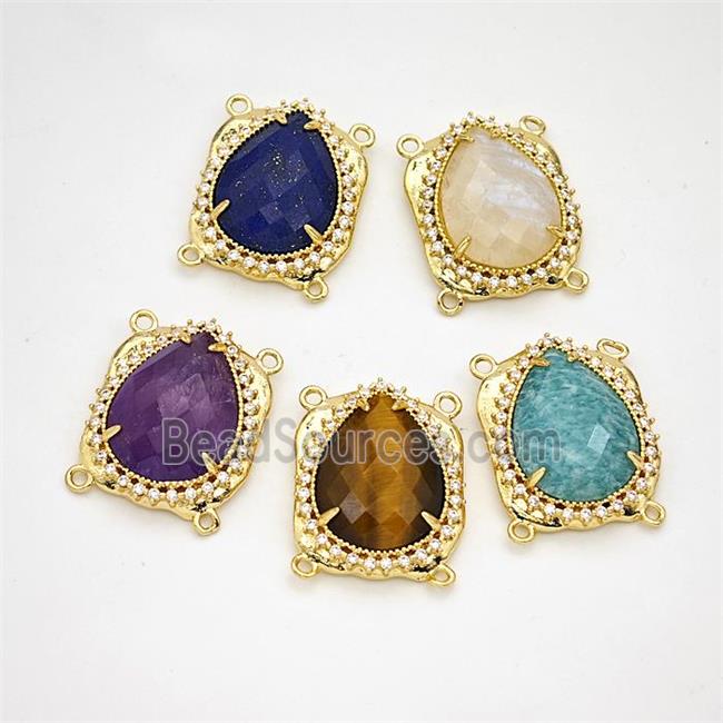 Natural Gemstone Teardrop Connector Copper Pave Zirconia Gold Plated Mixed