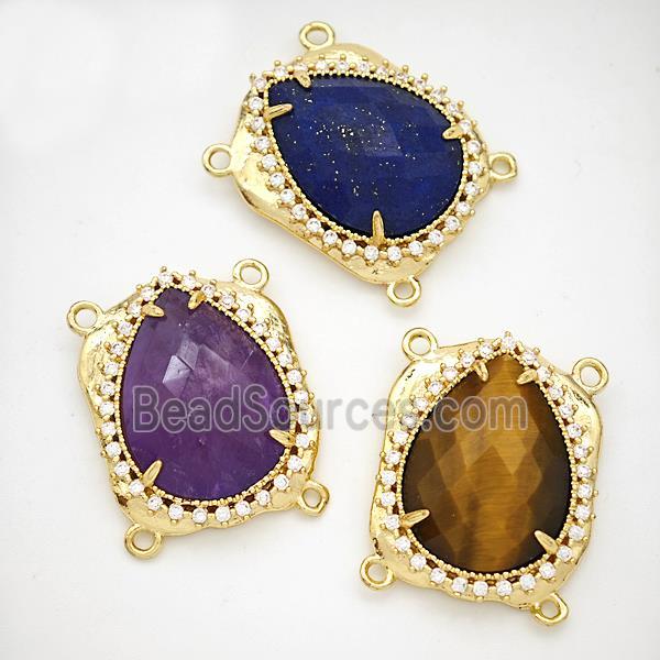 Natural Gemstone Teardrop Connector Copper Pave Zirconia Gold Plated Mixed