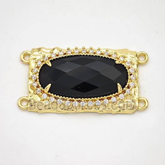 Black Obsidian Oval Connector Copper Pave Zirconia Gold Plated