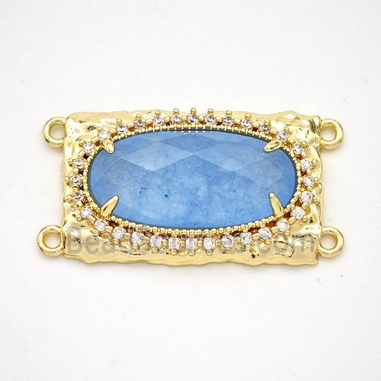 Blue Dye Jade Oval Connector Copper Pave Zirconia Gold Plated