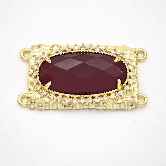 Darkred Dye Jade Oval Connector Copper Pave Zirconia Gold Plated