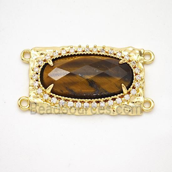 Tiger Eye Stone Oval Connector Copper Pave Zirconia Gold Plated