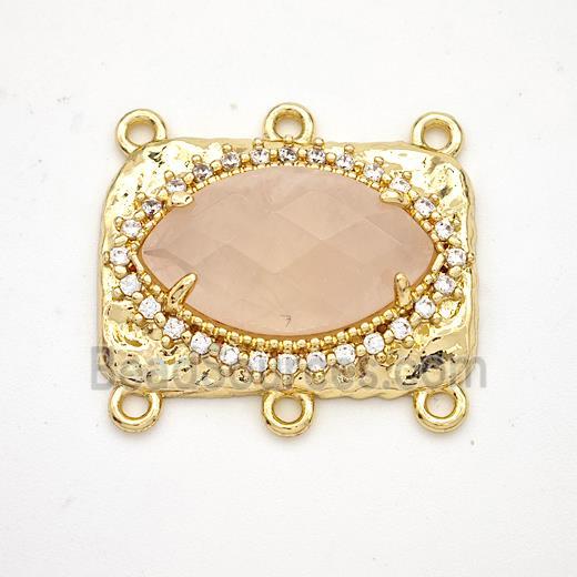 Pink Rose Quartz Eye Connector Copper Pave Zirconia Gold Plated