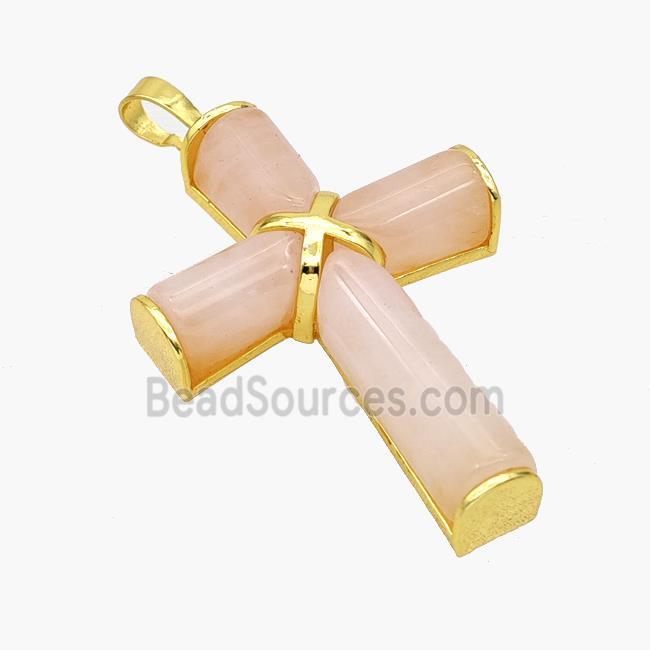 Natural Pink Rose Quartz Cross Pendant Alloy Gold Plated