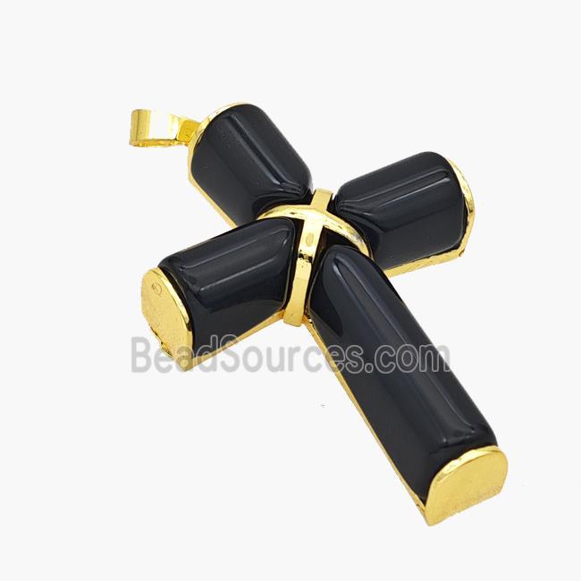 Natural Black Obsidian Cross Pendant Alloy Gold Plated