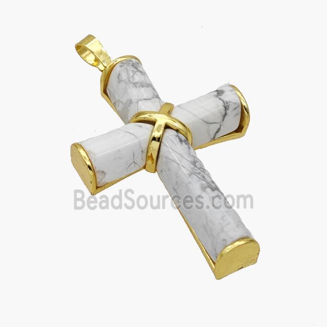 Natural White Howlite Turquoise Cross Pendant Alloy Gold Plated