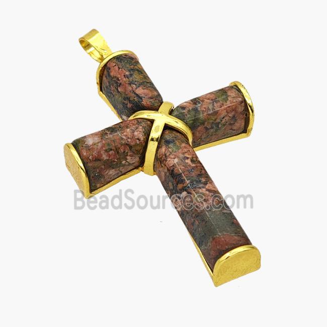 Natural Unakite Cross Pendant Alloy Gold Plated