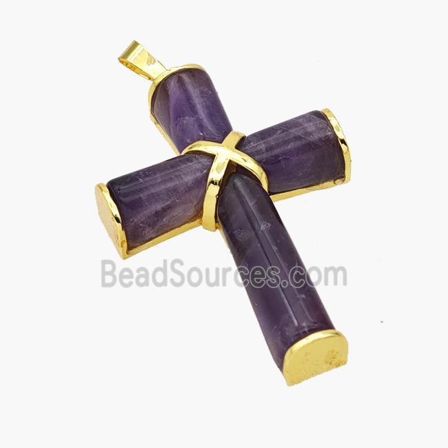 Natural Amethyst Cross Pendant Alloy Gold Plated