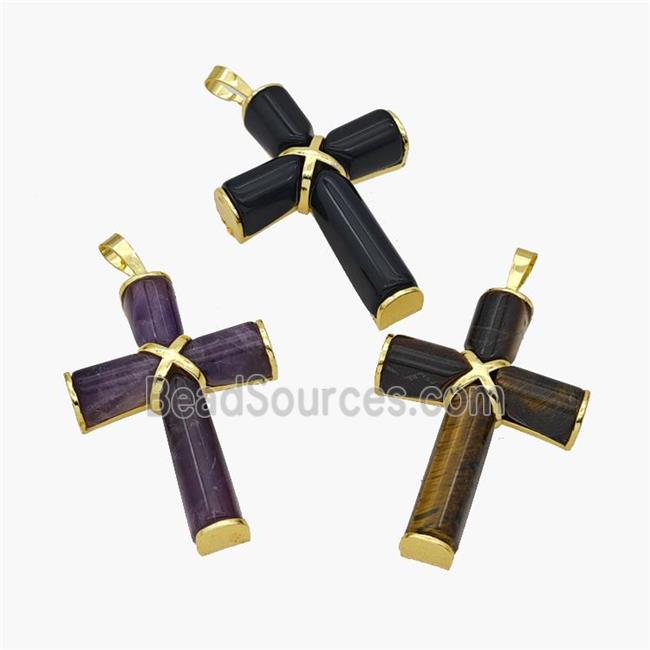 Natural Gemstone Cross Pendant Alloy Gold Plated Mixed