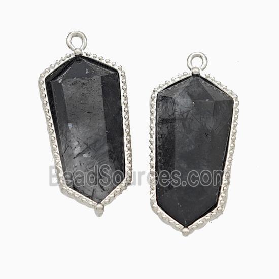 Natural Black Rutilated Quartz Prism Pendant Platinum Plated