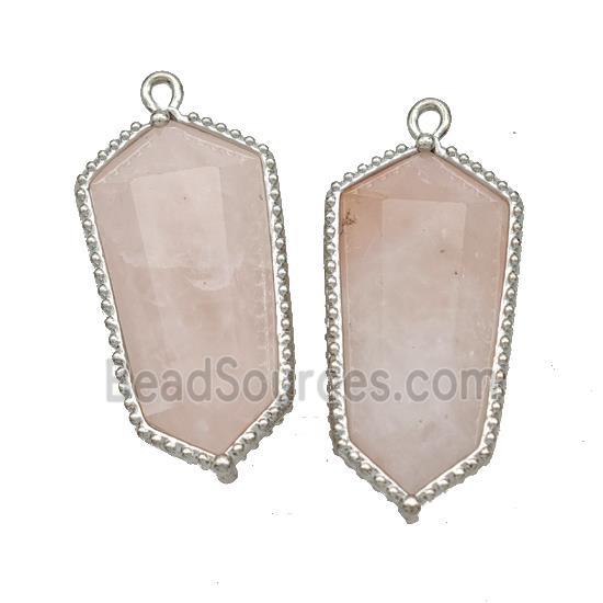 Natural Pink Rose Quartz Prism Pendant Platinum Plated