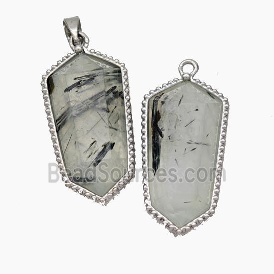 Natural Black Rutilated Quartz Prism Pendant Platinum Plated