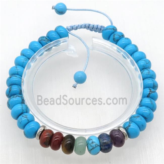 Chakra Bracelets with blue dye turquoise, Adjustable, rondelle