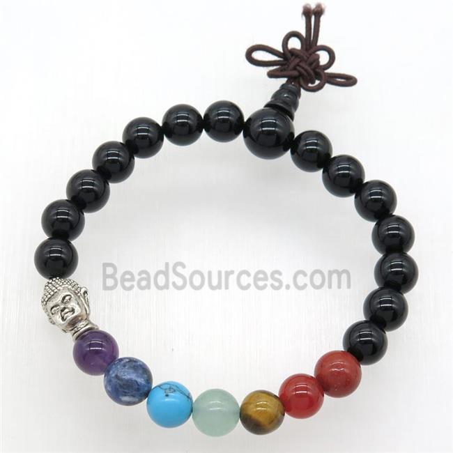 Chakra buddha Bracelets with black lava stone, stretchy