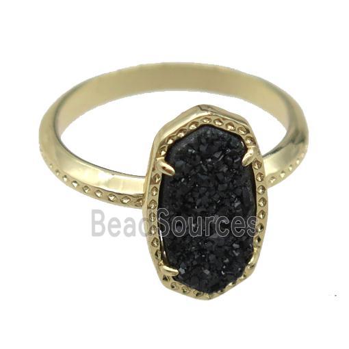 copper Rings with black Quartz Druzy, gold plated