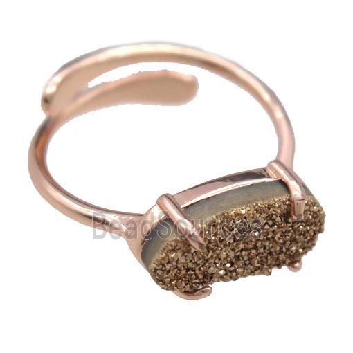 copper Rings with gold Quartz Druzy, resizable, rose gold