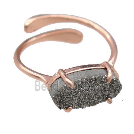 copper Rings with silver Quartz Druzy, resizable, rose gold