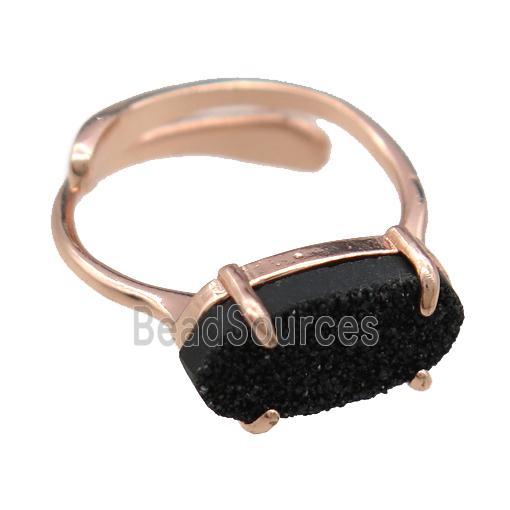 copper Rings with black Quartz Druzy, resizable, rose gold