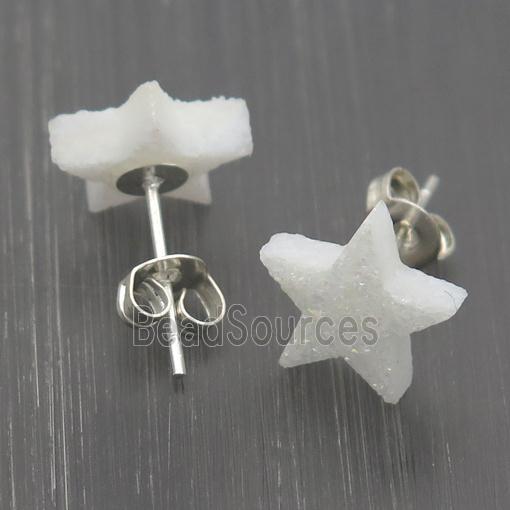 white Quartz Druzy Star Stud Earrings, platinum plated