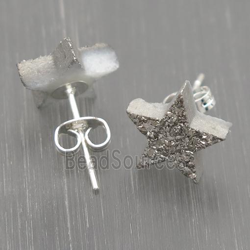 silver Quartz Druzy Stud Earrings, star