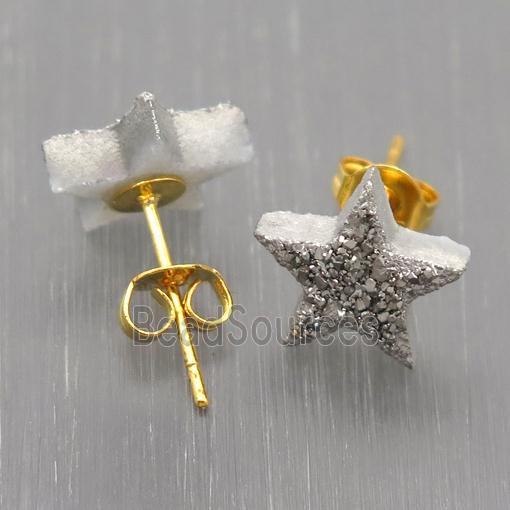 silver Star Quartz Druzy Stud Earrings