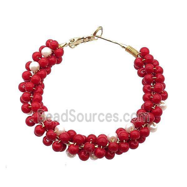 Red Pearlized Glass Copper Hoop Earring Gold Plated