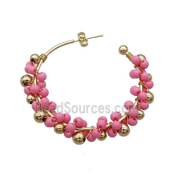 Pink Pearlized Glass Copper Stud Earring Gold Plated