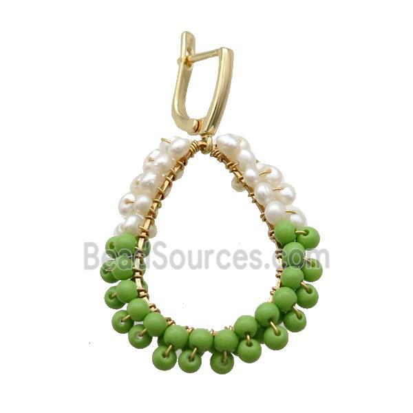 White Green Pearlized Glass Copper Latchback Earring Gold Plated